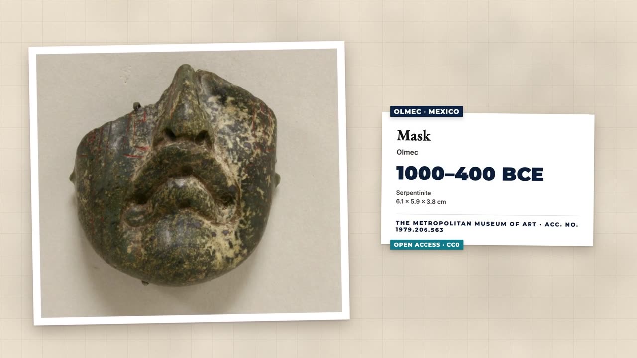 An Olmec serpentinite mask from The Met with its museum label