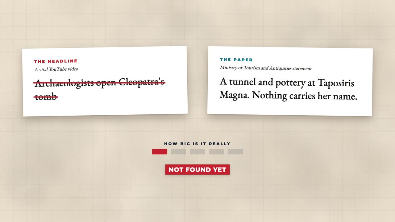 A viral headline struck out beside what the official statement says, with a verdict of not found yet